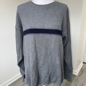 Eddie Bauer Sweater M Gray Navy Stripe Ribbed Knit Cotton Made UK Vintage Skater